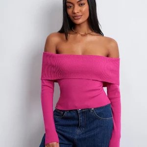 Y2K Inspired Ribbed Knit Sweater - Boat Neck Off Shoulder Pullover