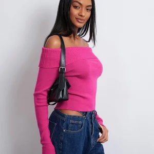 Y2K Inspired Ribbed Knit Sweater - Boat Neck Off Shoulder Pullover