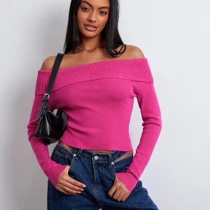 Y2K Inspired Ribbed Knit Sweater - Boat Neck Off Shoulder Pullover