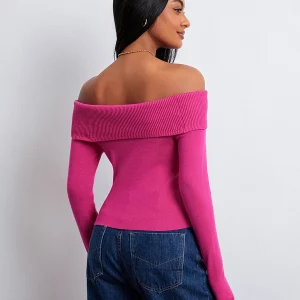 Y2K Inspired Ribbed Knit Sweater - Boat Neck Off Shoulder Pullover