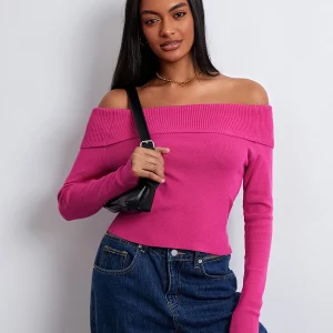 Y2K Inspired Ribbed Knit Sweater - Boat Neck Off Shoulder Pullover