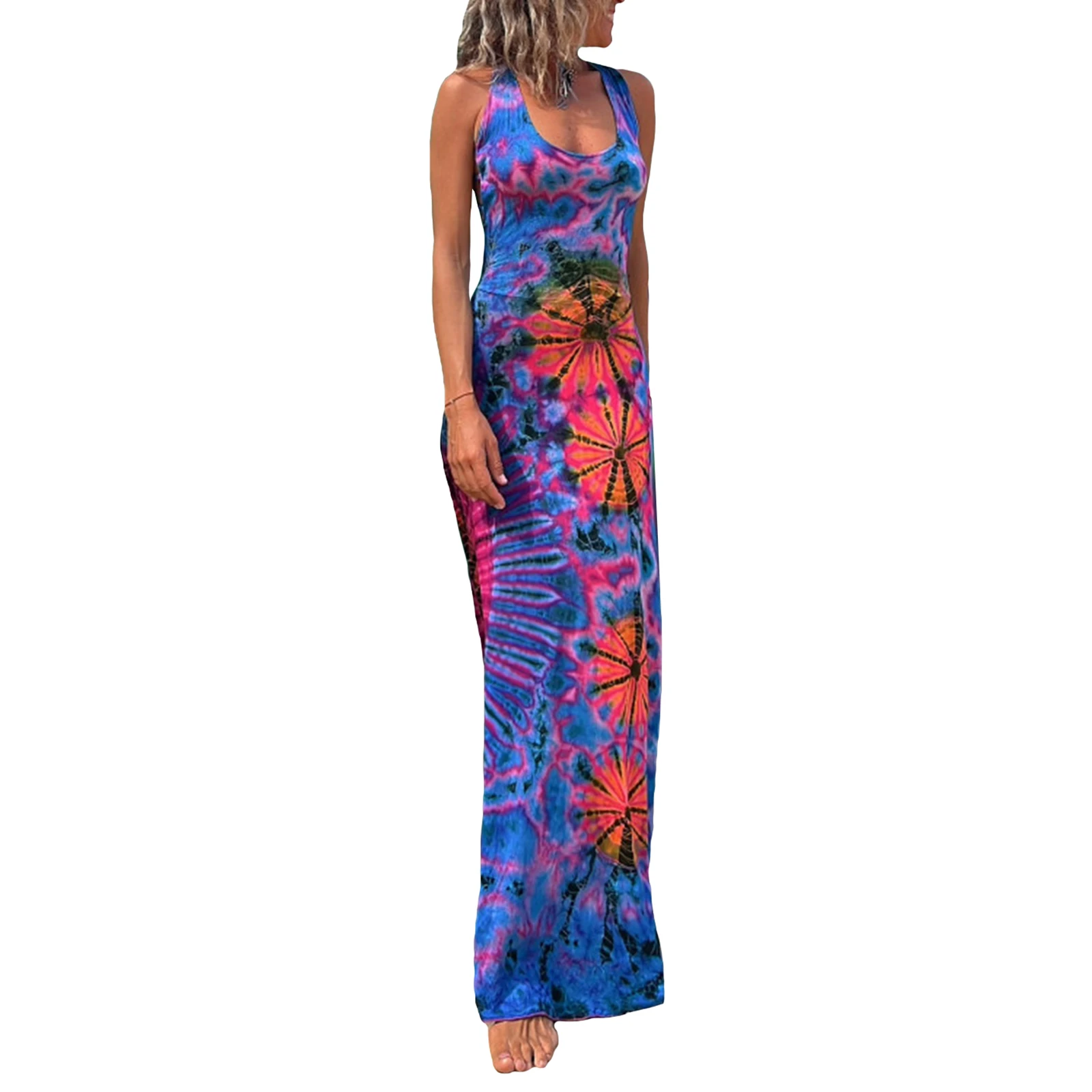 Y2K-Inspired Tie Dye Maxi Dress - Floral Print Beach Party Sundress