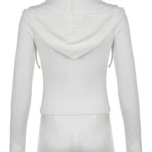 Y2K Inspired White Zip-Up Hooded Jacket with Ribbed Design and Pockets