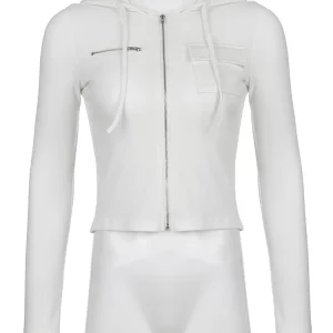 Y2K Inspired White Zip-Up Hooded Jacket with Ribbed Design and Pockets