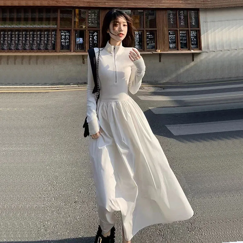 Y2K-Inspired White Zipper Long Sleeve Dress - Elegant Hepburn Style A-Line Midi Dress