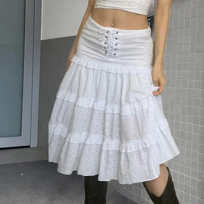 Y2K Jacquard Ruffle Long Skirt - White Fairycore A-line - Chic Tie-Up High Waist - Holiday Party