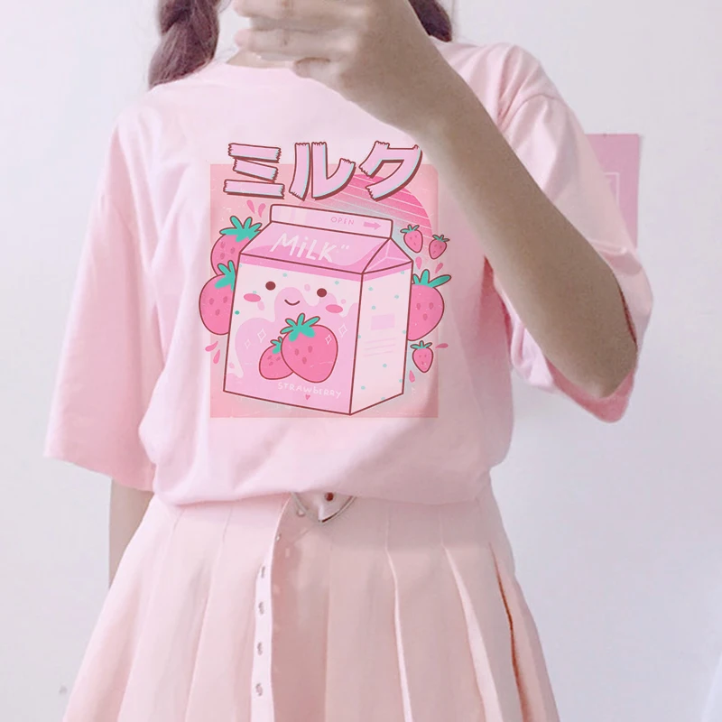 Y2K Japanese Strawberry Milkshake Graphic Tee - Vintage 90s Ulzzang Harajuku Top