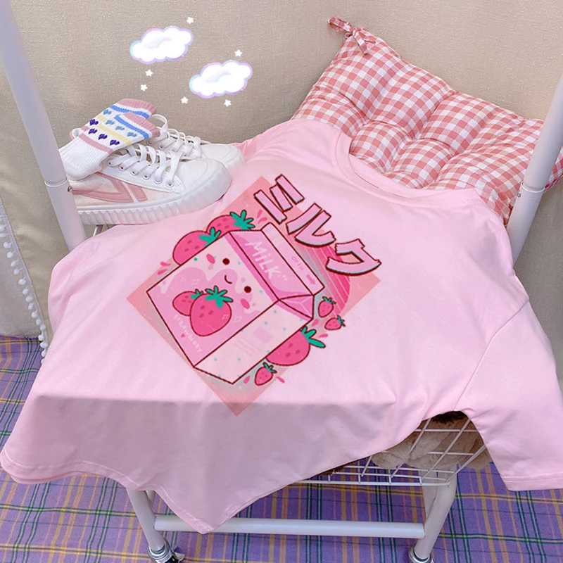 Y2K Japanese Strawberry Milkshake Graphic Tee - Vintage 90s Ulzzang Harajuku Top