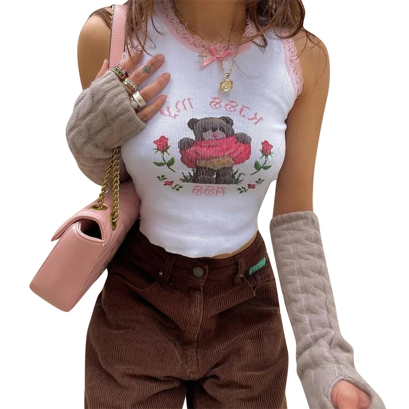 Y2K Kawaii Bear Crop Top - Sleeveless Lace Trim Tank - Aesthetic Streetwear