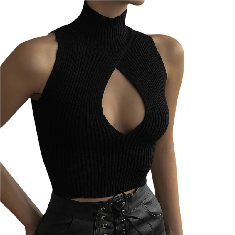 Y2K Knit Crop Top - Solid Color Hollow Out Turtleneck Sleeveless Tank