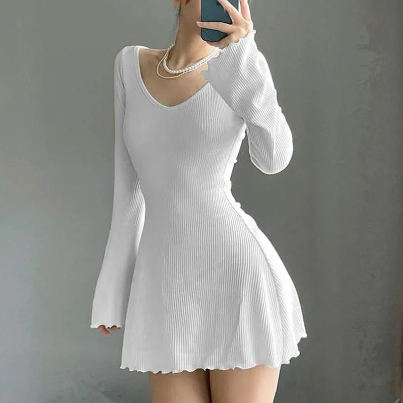 Y2K Knit Elegant Dress - V-Neck Office Lady Irregular Hem Slim Fit