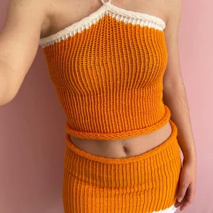 Y2K Knit Skirt Set: Crochet Halterneck Vest & Low Waist Mini Skirt