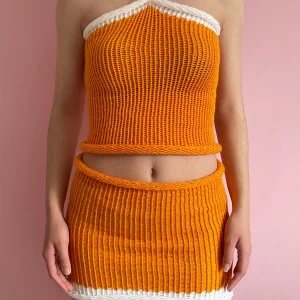 Y2K Knit Skirt Set: Crochet Halterneck Vest & Low Waist Mini Skirt