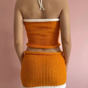 Y2K Knit Skirt Set: Crochet Halterneck Vest & Low Waist Mini Skirt