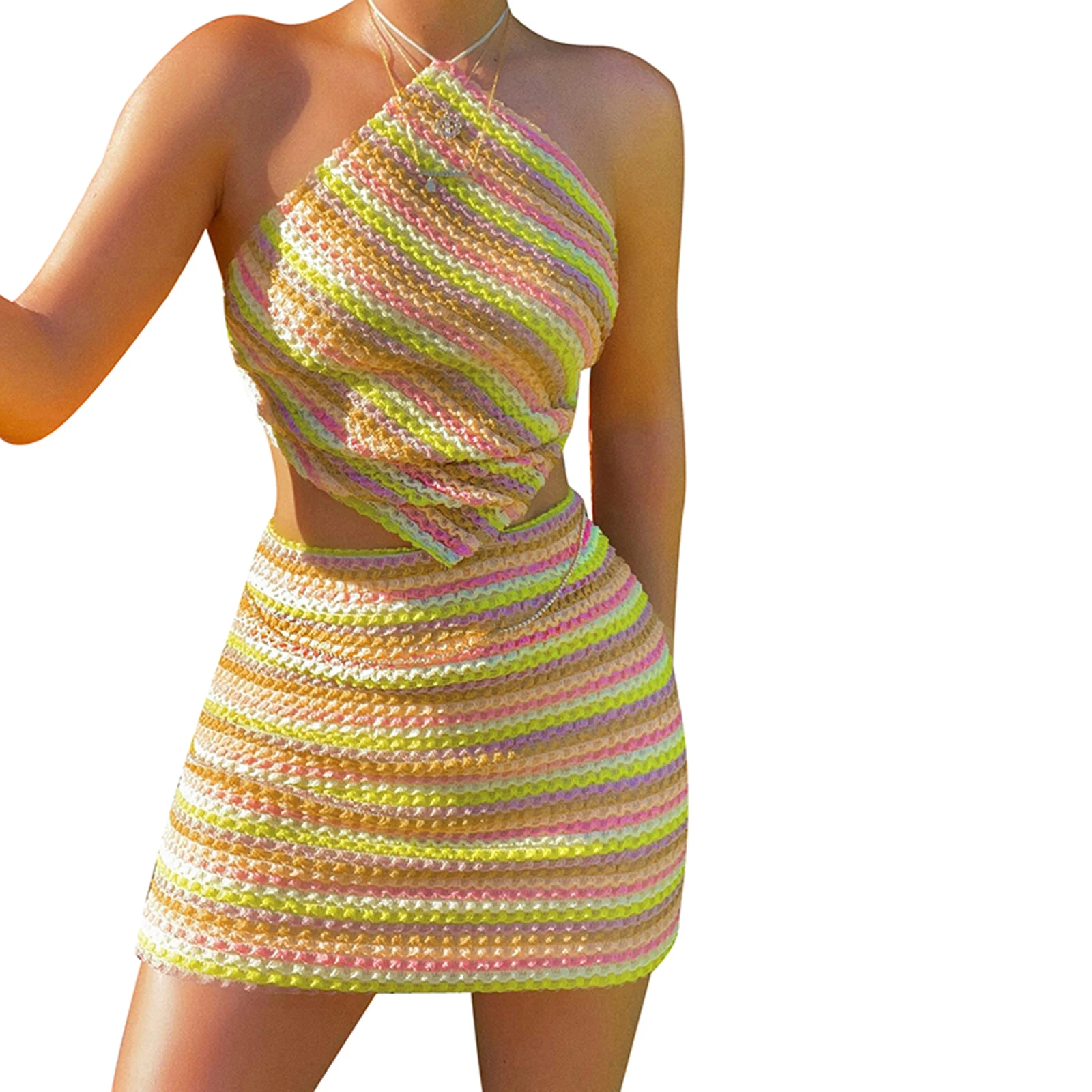 Y2K Knit Two-Piece Set: Halter Crop Top & Mini Skirt - Summer Party Outfit