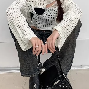 Y2k Knitted Crop Top - Smock Style Hollow Out O-Neck Long Sleeve Streetwear