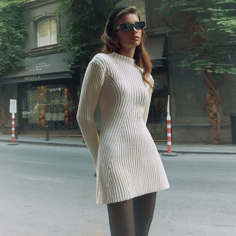 Y2K Knitted Mini Dress: White Autumn O-Neck Long Sleeve Streetwear Chic