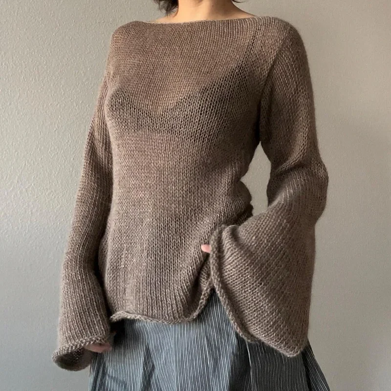 Y2K Knitted Tie-Back Pullover: Casual Sweater with Boat Neck for Women