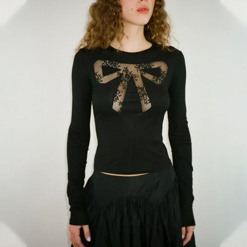 Y2K Lace Bow Cut Out See-through T Shirt - Aesthetic Round Collar Slim Crop Top