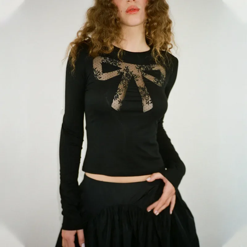 Y2K Lace Bow Cut Out See-through T Shirt - Aesthetic Round Collar Slim Crop Top