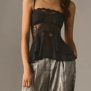 Y2k Lace Cami Top with Sheer Mesh Layered Hem - Sexy Slim Fit Spaghetti Strap Vest