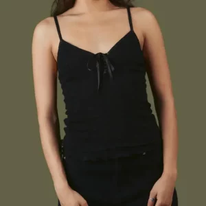 Y2K Lace Camisole: Tie-Up V-Neck Double Layer Sleeveless Tank Top