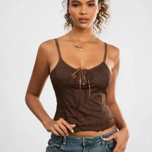 Y2K Lace Camisole: Tie-Up V-Neck Double Layer Sleeveless Tank Top