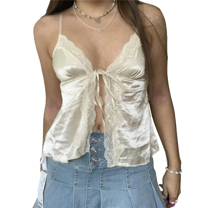 Y2K Lace Camisole Top - Beige Pink Sleeveless V-Neck Crop - Grunge Summer Fashion