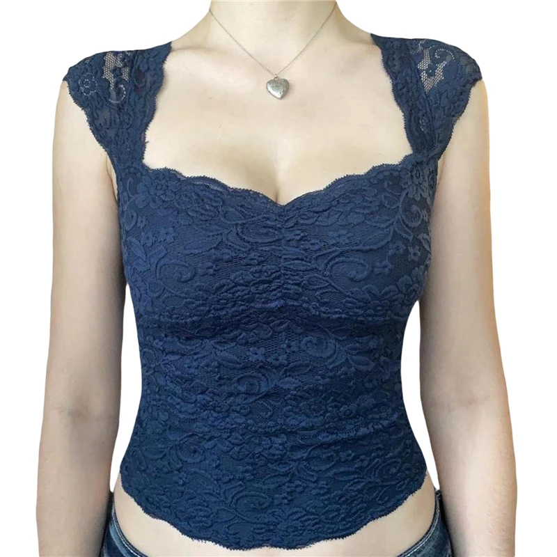 Y2K Lace Crop Top - 2000s Aesthetic V-Neck Sleeveless Tank