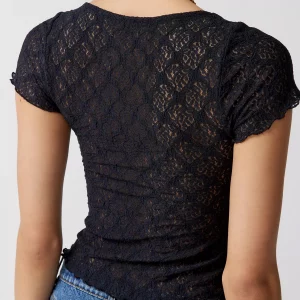 Y2k Lace Crop Top - Solid Color Fitted Tee with Low Cut Tie-Up