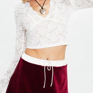 Y2K Lace Crop Top: Deep V-Neck Slim Fit Blouse for Party Clubwear