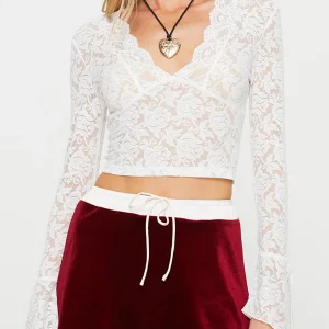 Y2K Lace Crop Top: Deep V-Neck Slim Fit Blouse for Party Clubwear