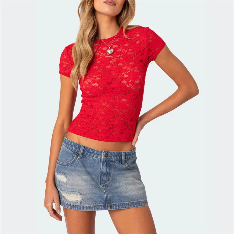 Y2K Lace Crop Top: Sheer Floral Round Neck Short Sleeve T-Shirt - Sexy Clubwear & 2000s