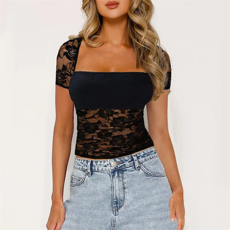 Y2K Lace Crop Top: Sheer Square Neck Mesh T-Shirt for Women