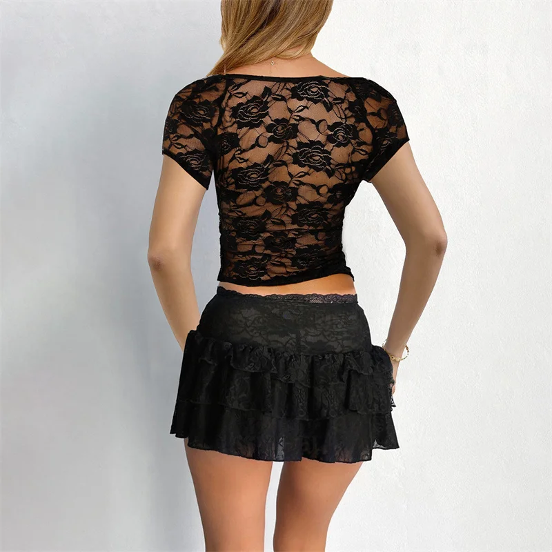 Y2K Lace Crop Top: Sheer Square Neck Mesh T-Shirt for Women