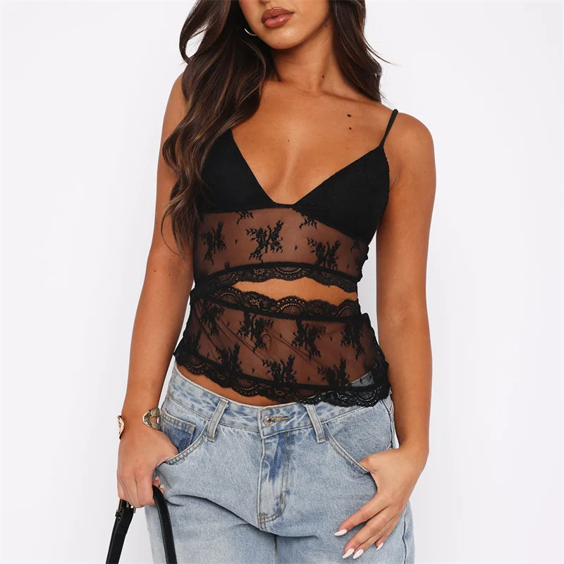 Y2K Lace Crop Top: Spaghetti Strapless Sleeveless Cut Out Tank