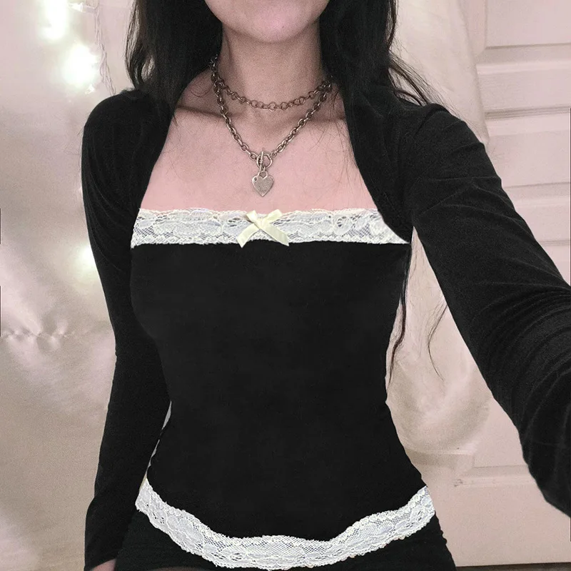 Y2K Lace Crop Top Square Collar Full Sleeve T-Shirt - Harajuku Black Basic Cute Pullovers for Women