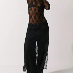 Y2K Lace Dress with Slit Hem - Sexy See-Through Chemise for Nightclub and Vacation