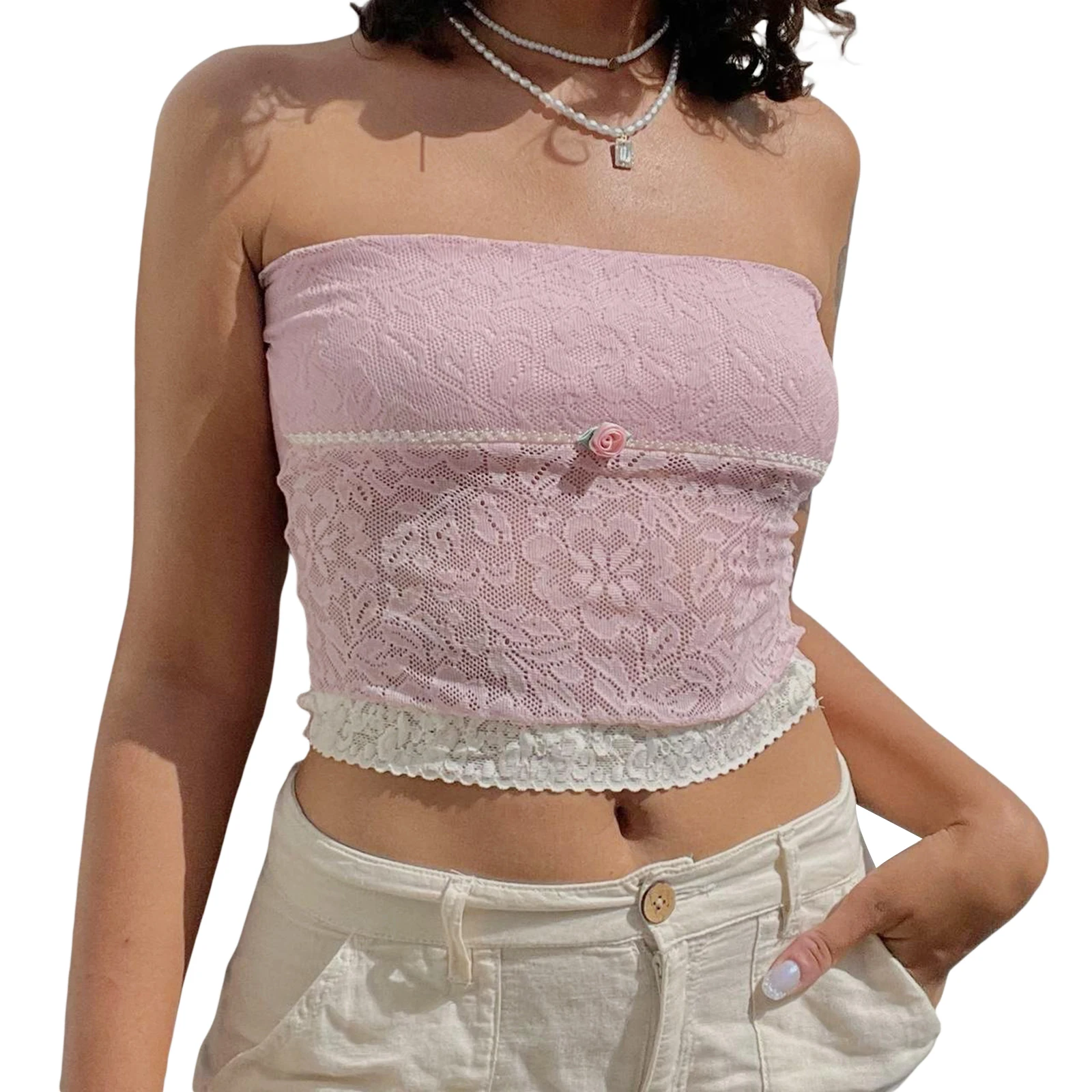 Y2K Lace Frill Trim Strapless Tube Top - Vintage Streetwear