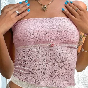 Y2K Lace Frill Trim Strapless Tube Top - Vintage Streetwear