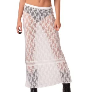 Y2K Lace Full Slip Maxi Skirt: Elastic Waist Slim Fit See-Through Streetwear