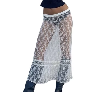 Y2K Lace Full Slip Maxi Skirt: Elastic Waist Slim Fit See-Through Streetwear