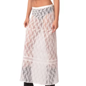 Y2K Lace Full Slip Maxi Skirt: Elastic Waist Slim Fit See-Through Streetwear