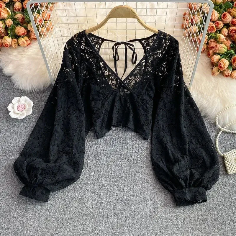 Y2K Lace Hollow Out Blouse - Sexy V-Neck Puff Sleeve Crop Top