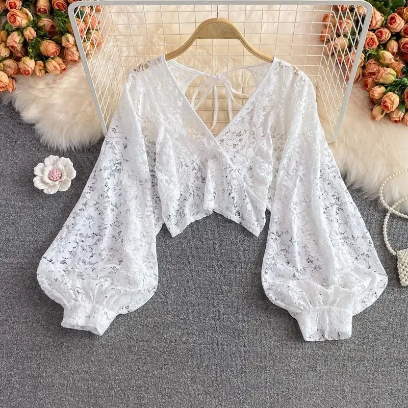 Y2K Lace Hollow Out Blouse - Sexy V-Neck Puff Sleeve Crop Top