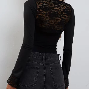 Y2K Lace Long Sleeve Crop Top - Grunge Patchwork Streetwear