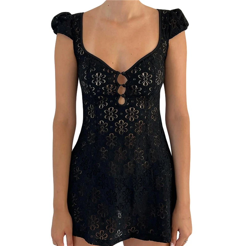 Y2K Lace Mini Dress: Summer Clubwear with Short Sleeves & V-Neck