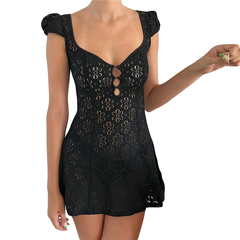 Y2K Lace Mini Dress: Summer Clubwear with Short Sleeves & V-Neck