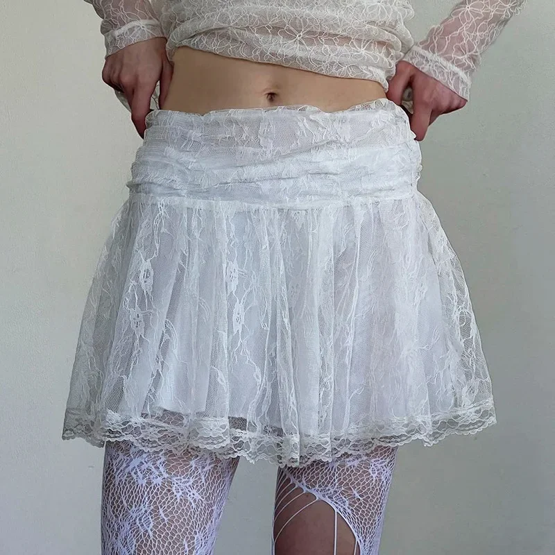 Y2K Lace Mini Skirt - High Waist A-line Pleated Skirt - Japanese Lolita Style - Fairycore Out