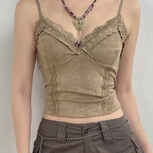 Y2K Lace Mini Vest Spaghetti Strap Crop Top - Khaki Vintage Chic Camis